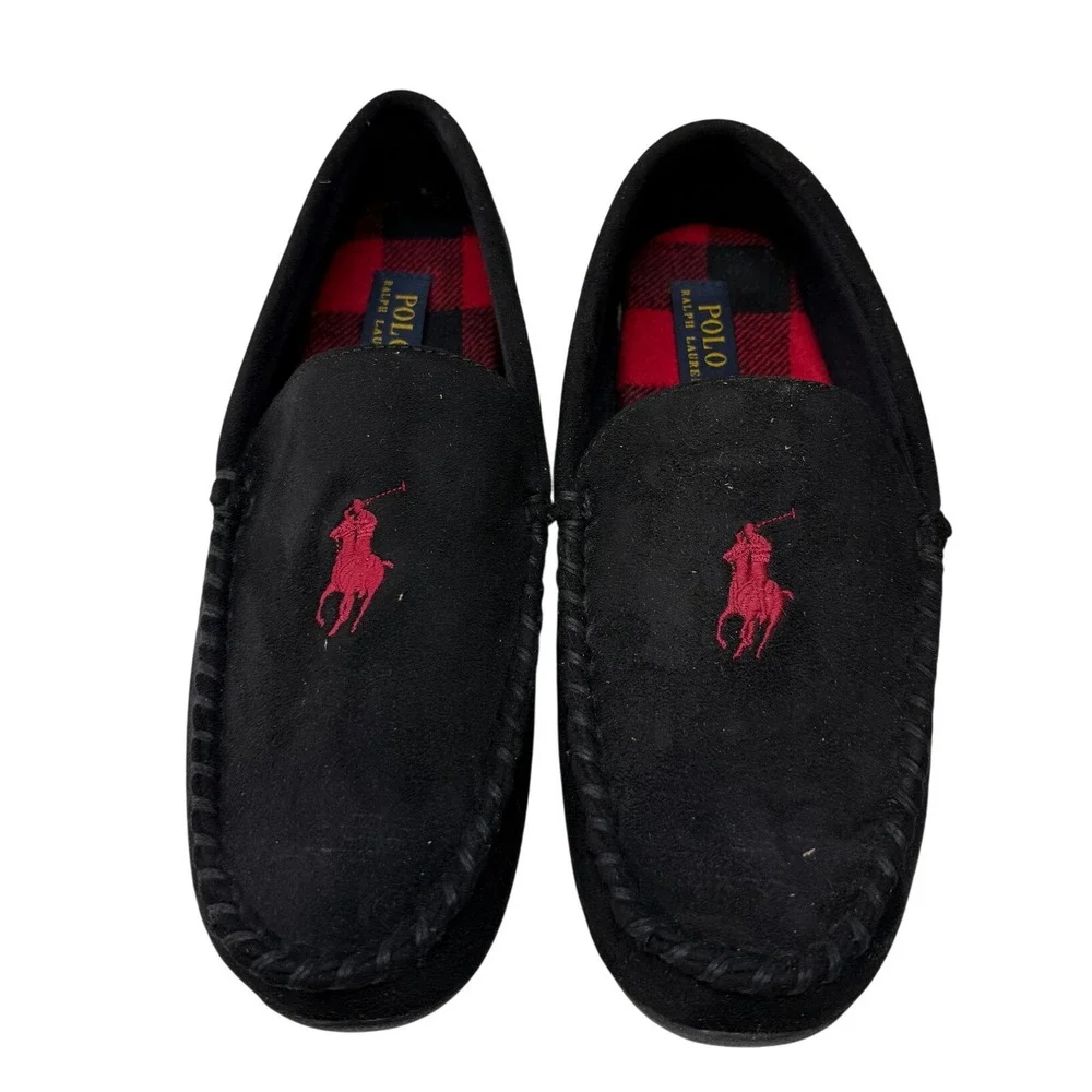 Polo Ralph Lauren Mens Declan Plaid Moccasin Slippers Black Red Size 8 NEW